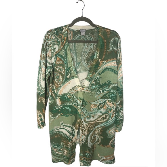 Chico’s Women’s Cardigan Sweater Light Weight Long Deep V Neck Paisley - Picture 1 of 9